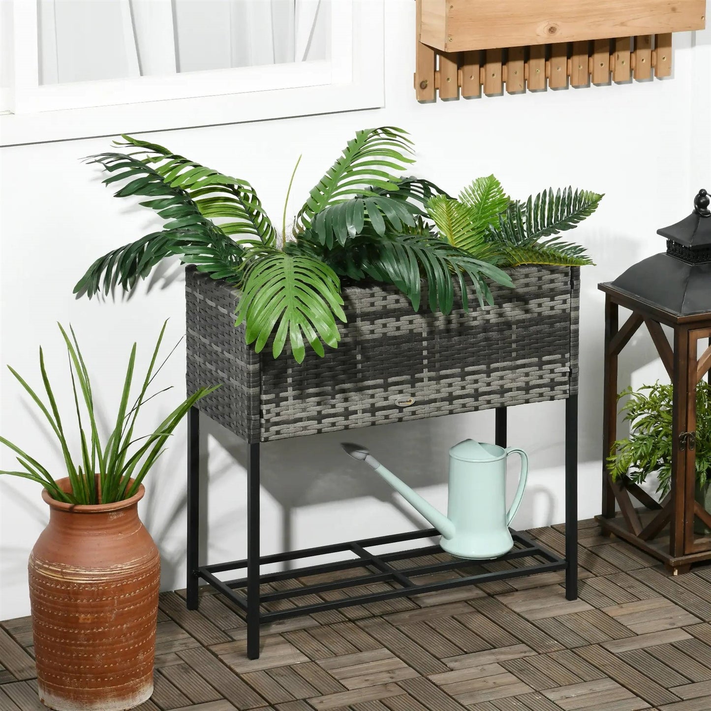 Grey Elevated Modern Rattan Wicker Raised Garden Planter Box