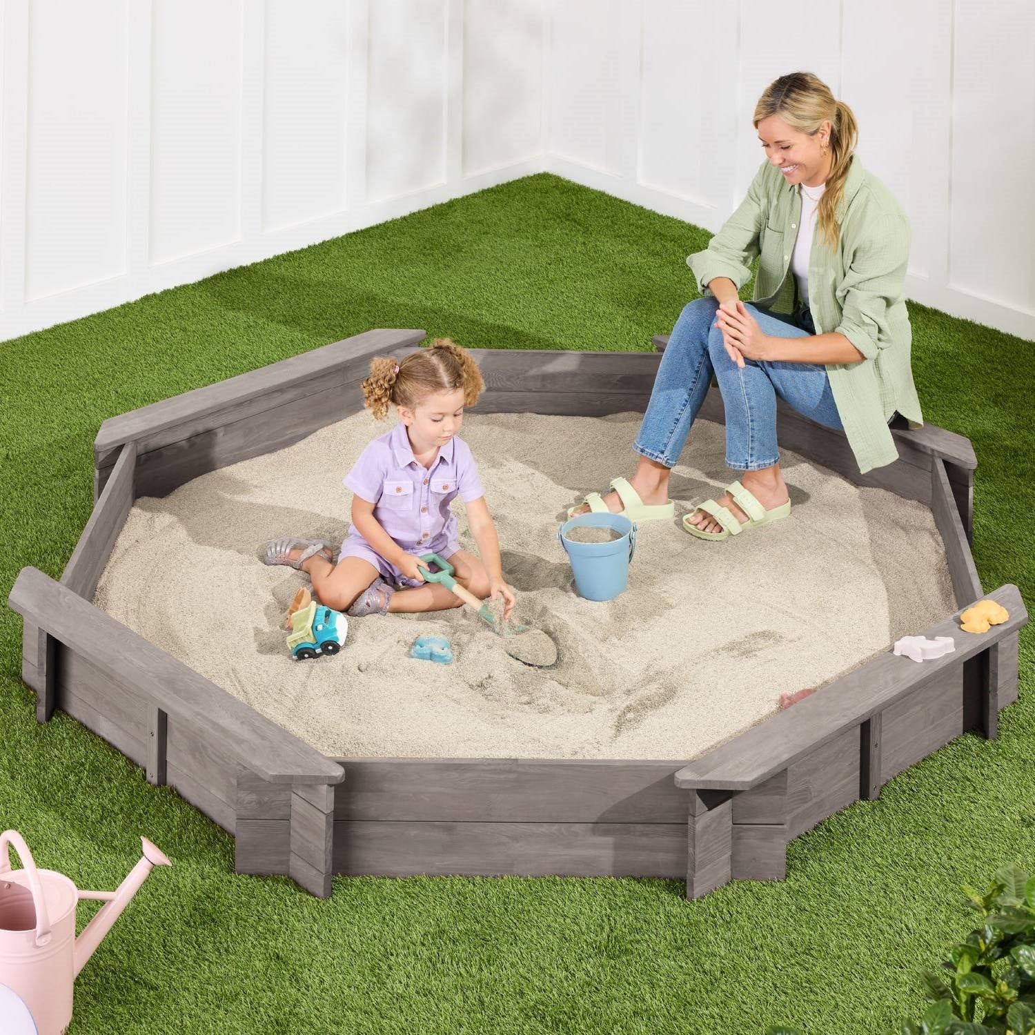 Grey Wooden Kid's Octagonal Sandbox w/ Sand Cover 4 Reinforced Benches, 8 Seats