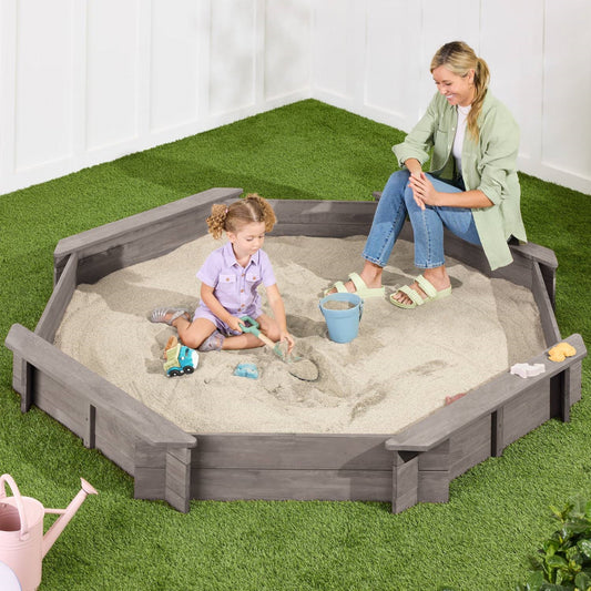 Grey Wooden Kid's Octagonal Sandbox w/ Sand Cover 4 Reinforced Benches, 8 Seats