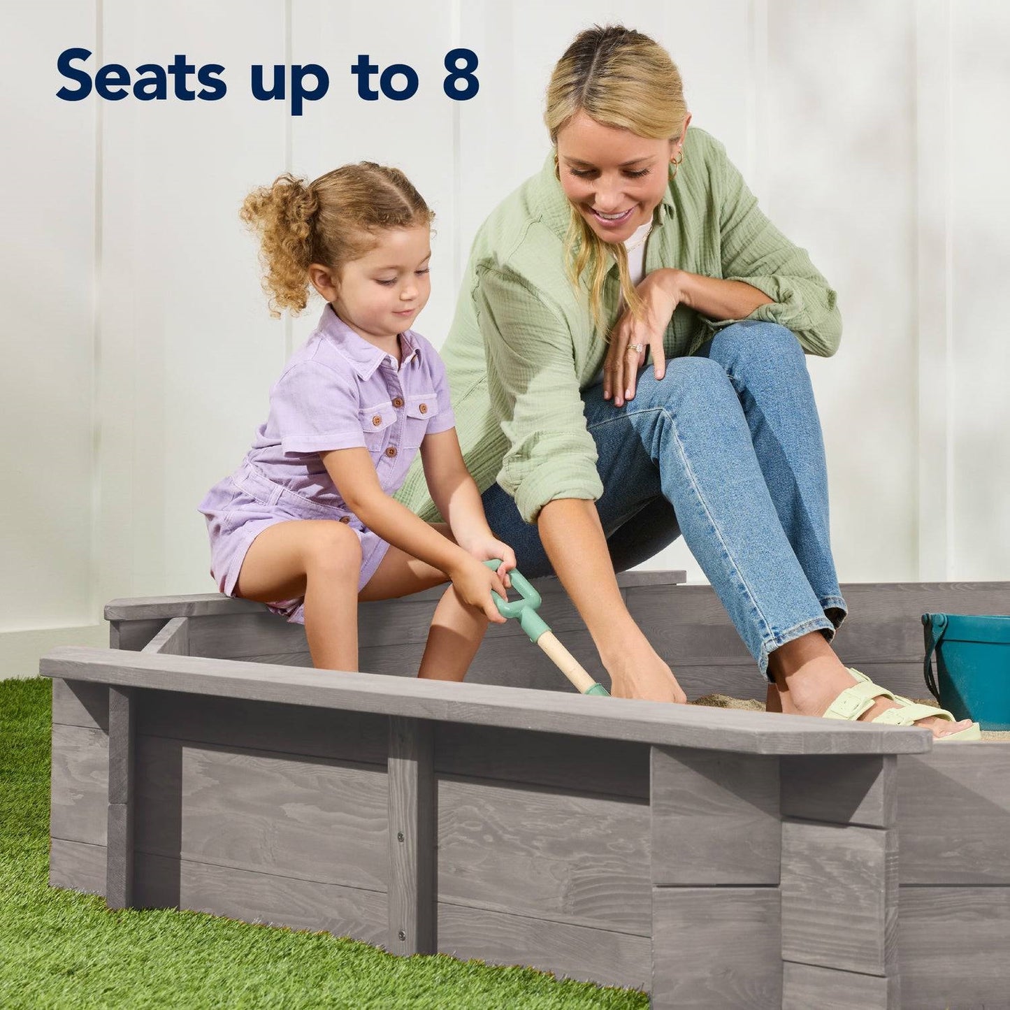 Grey Wooden Kid's Octagonal Sandbox w/ Sand Cover 4 Reinforced Benches, 8 Seats