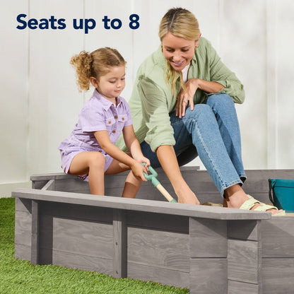 Grey Wooden Kid's Octagonal Sandbox w/ Sand Cover 4 Reinforced Benches, 8 Seats