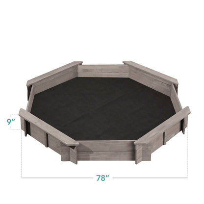 Grey Wooden Kid's Octagonal Sandbox w/ Sand Cover 4 Reinforced Benches, 8 Seats