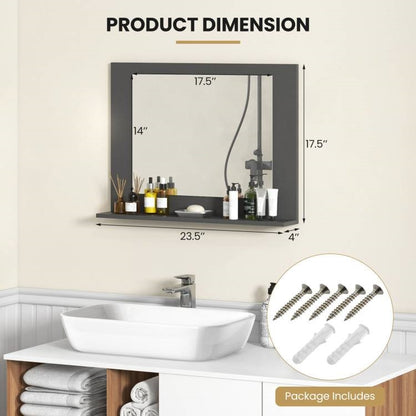 Rectangular 23 x 17 inch Bathroom Mirror with Storage Shelf in Grey Wood Finish