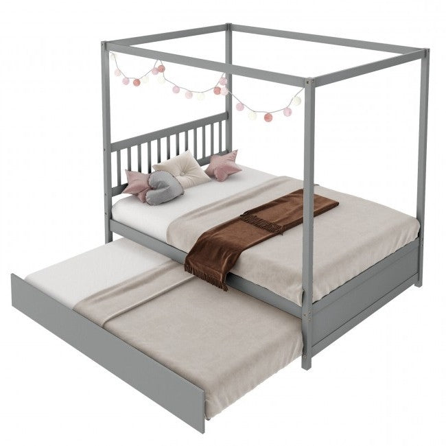 Gray Full Size Canopy Platform Bed with Twin Trundle Bed