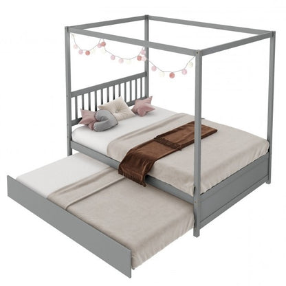 Gray Full Size Canopy Platform Bed with Twin Trundle Bed