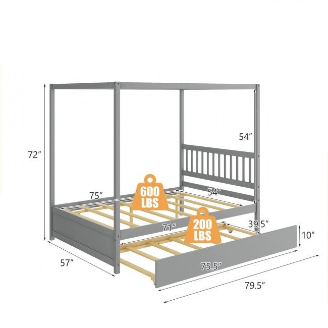 Gray Full Size Canopy Platform Bed with Twin Trundle Bed