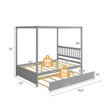 Gray Full Size Canopy Platform Bed with Twin Trundle Bed