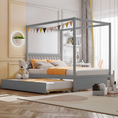 Gray Full Size Canopy Platform Bed with Twin Trundle Bed