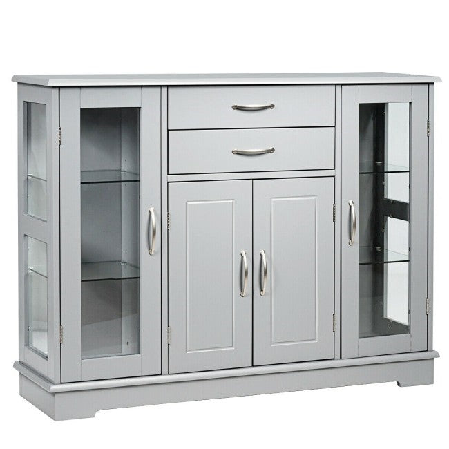 Grey Wood 3 Tier Buffet Sideboard Cabinet with Glass Display Doors
