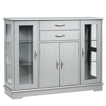 Grey Wood 3 Tier Buffet Sideboard Cabinet with Glass Display Doors