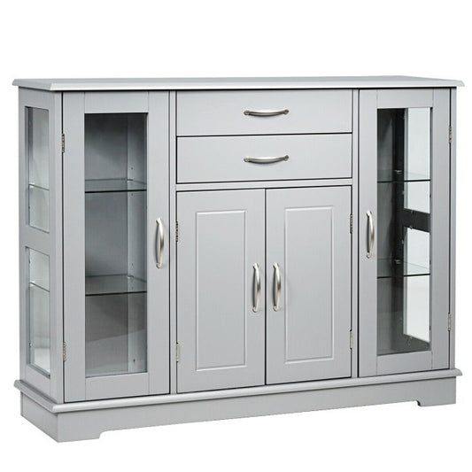 Grey Wood 3 Tier Buffet Sideboard Cabinet with Glass Display Doors
