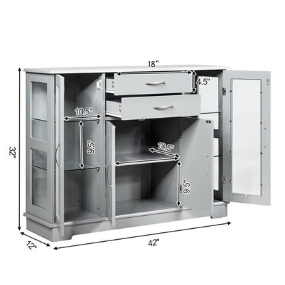 Grey Wood 3 Tier Buffet Sideboard Cabinet with Glass Display Doors