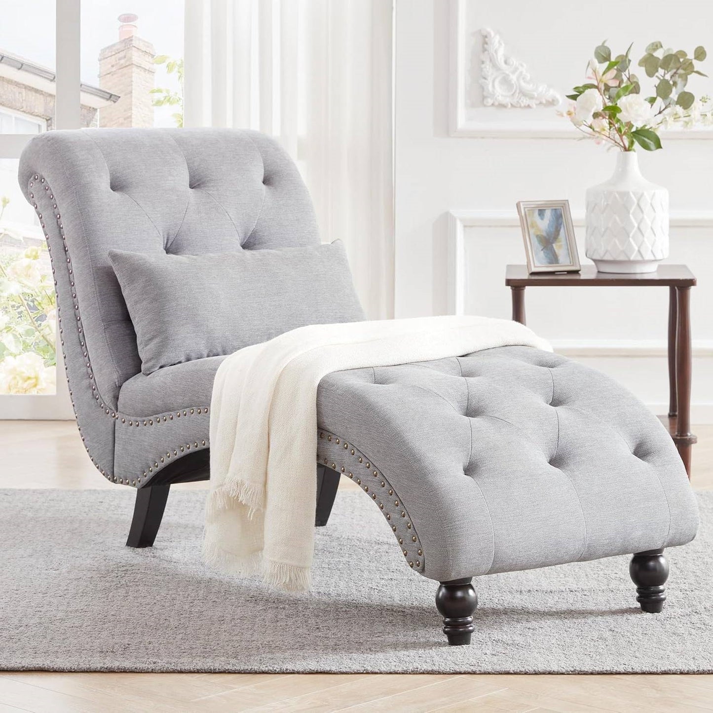 Linen Tufted Armless Chaise Lounge Chair w/ Pillow Grey