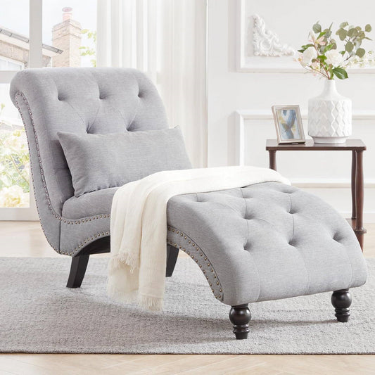 Linen Tufted Armless Chaise Lounge Chair w/ Pillow Grey