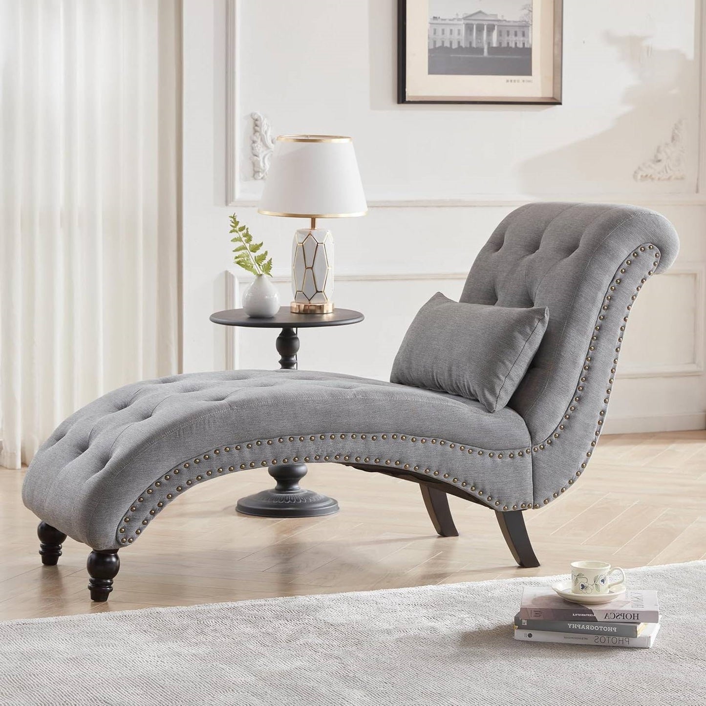 Linen Tufted Armless Chaise Lounge Chair w/ Pillow Grey