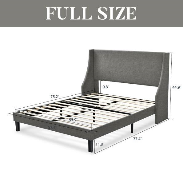 Full Size Upholstered Linen Headboard Wingback Platform Bed in Grey