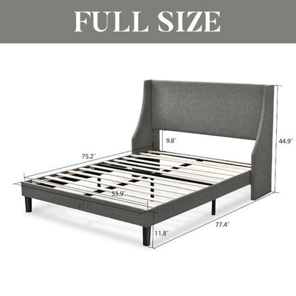 Full Size Upholstered Linen Headboard Wingback Platform Bed in Grey
