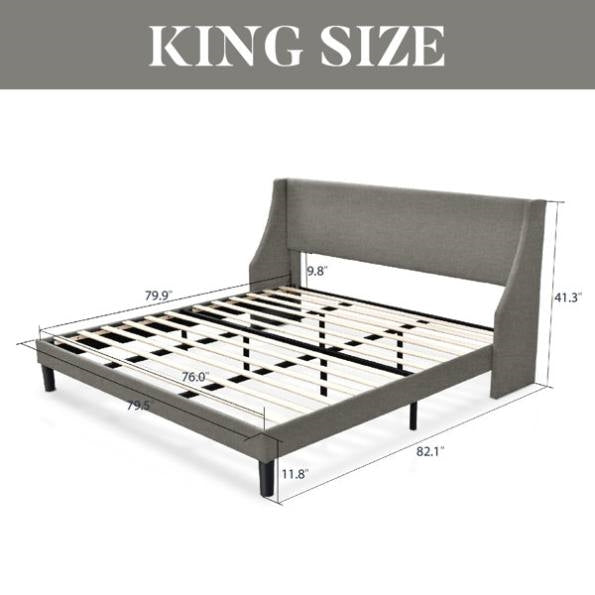 King Size Upholstered Linen Headboard Wingback Platform Bed in Grey