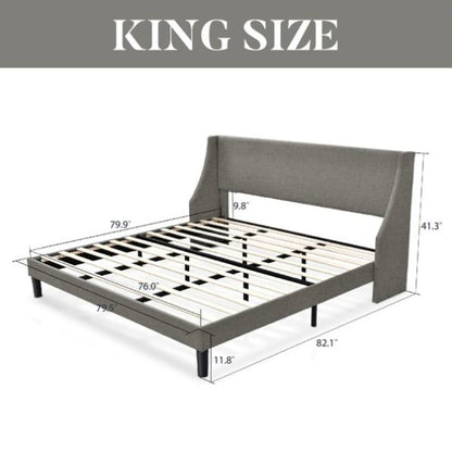 King Size Upholstered Linen Headboard Wingback Platform Bed in Grey