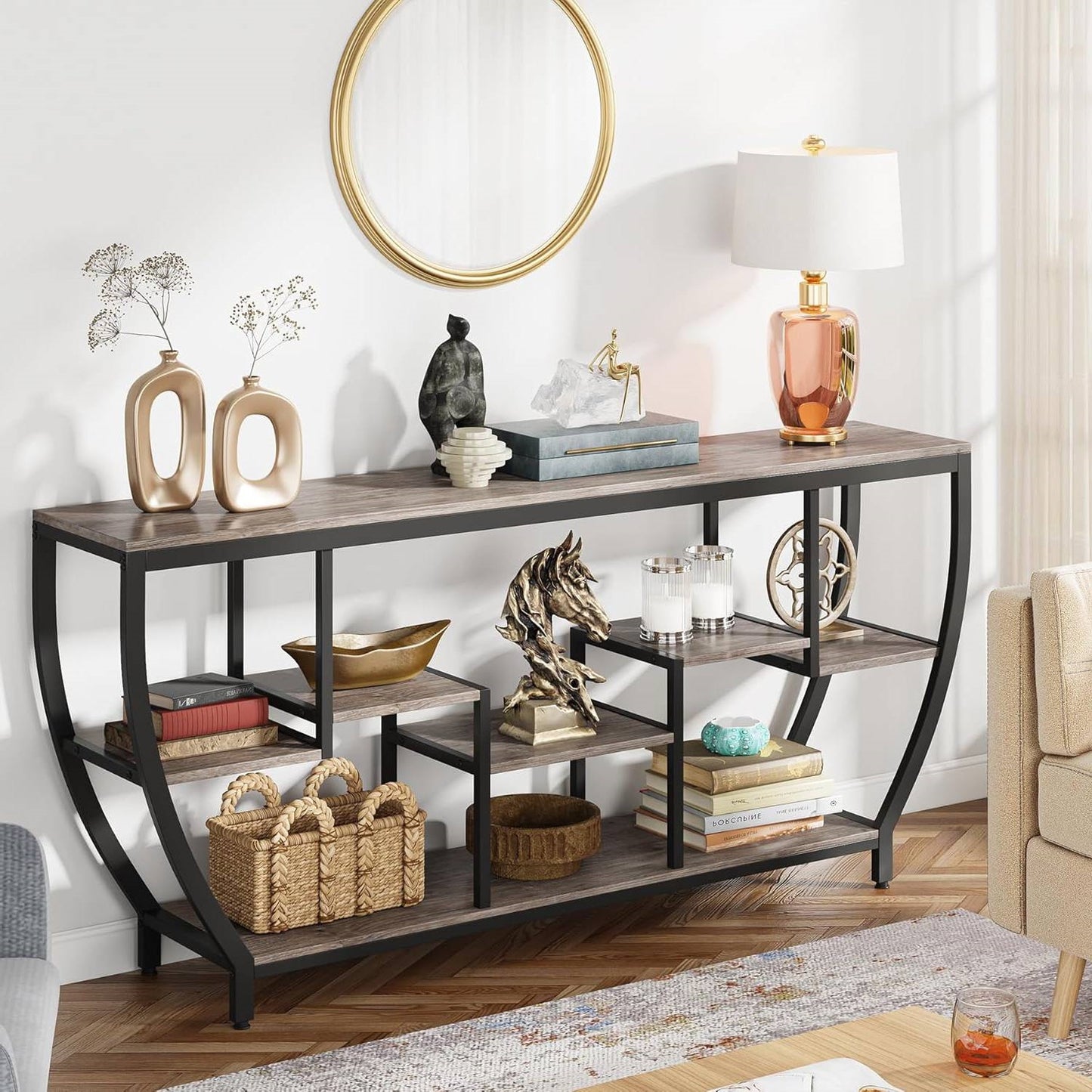 Industrial Chic 70-inch Long Narrow Console Sofa Table with Gray Wood Shelves