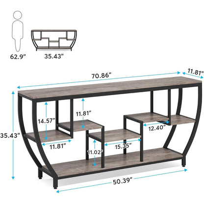 Industrial Chic 70-inch Long Narrow Console Sofa Table with Gray Wood Shelves