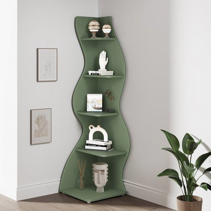 Modern Whimsical 5 Shelf Corner Bookcase Stand Green Wood Finish