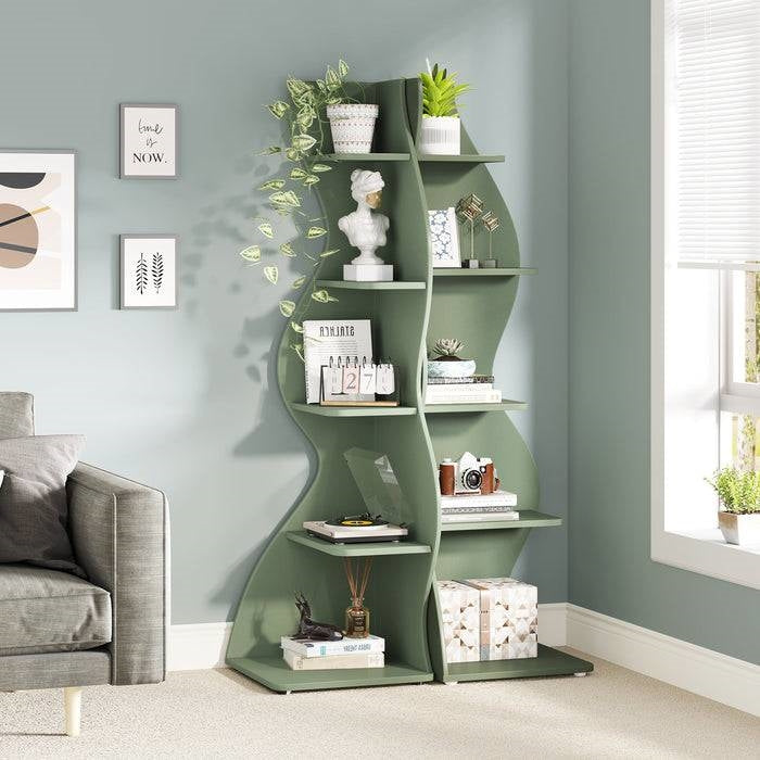 Modern Whimsical 5 Shelf Corner Bookcase Stand Green Wood Finish