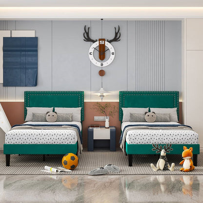Twin Size - Set of 2 - Dorm Style Green Tufted Upholstered Platform Beds