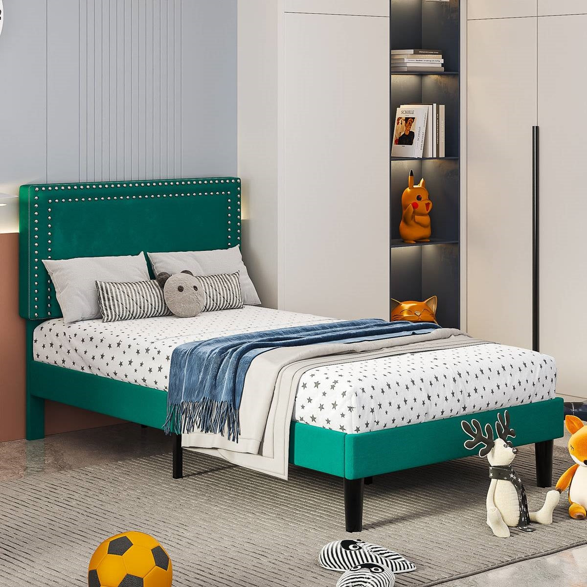 Twin Size - Set of 2 - Dorm Style Green Tufted Upholstered Platform Beds