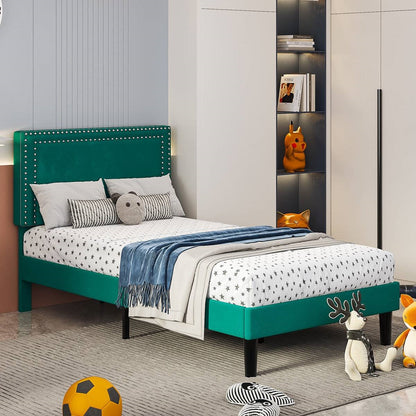 Twin Size - Set of 2 - Dorm Style Green Tufted Upholstered Platform Beds