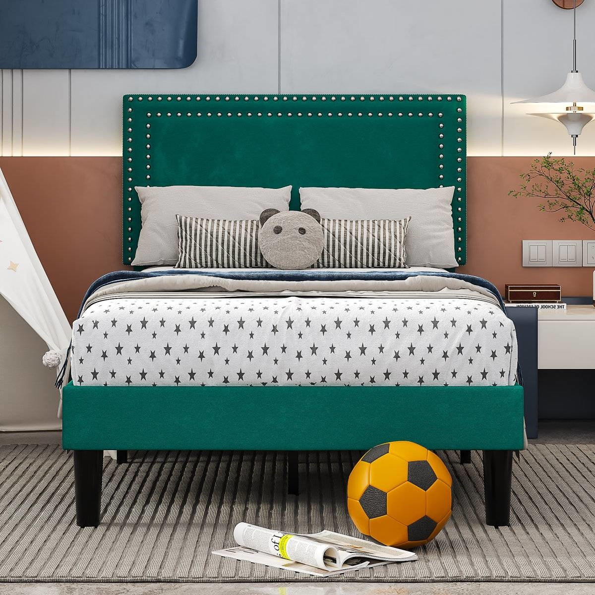 Twin Size - Set of 2 - Dorm Style Green Tufted Upholstered Platform Beds