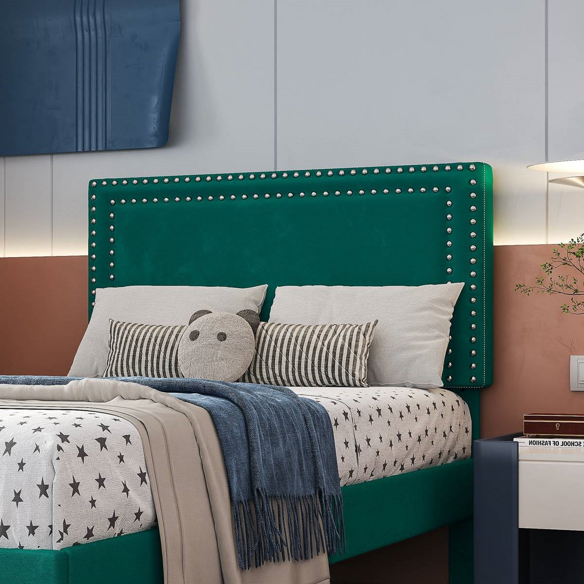 Twin Size - Set of 2 - Dorm Style Green Tufted Upholstered Platform Beds