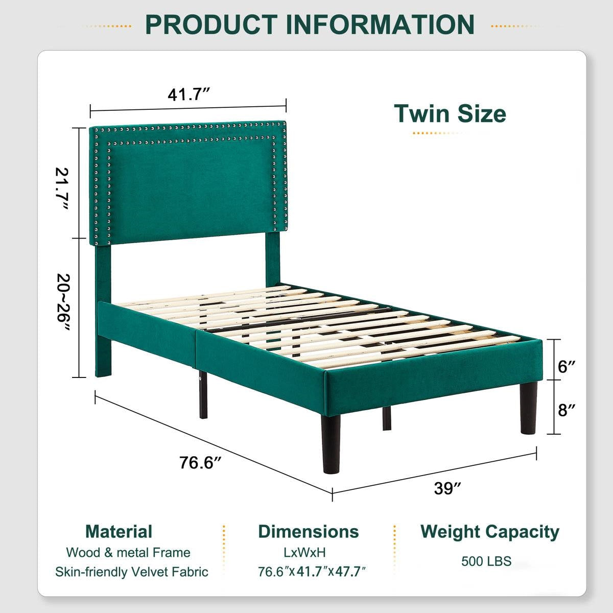Twin Size - Set of 2 - Dorm Style Green Tufted Upholstered Platform Beds