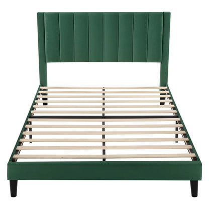 Queen size Modern Green Velvet Upholstered Platform Bed with Headboard