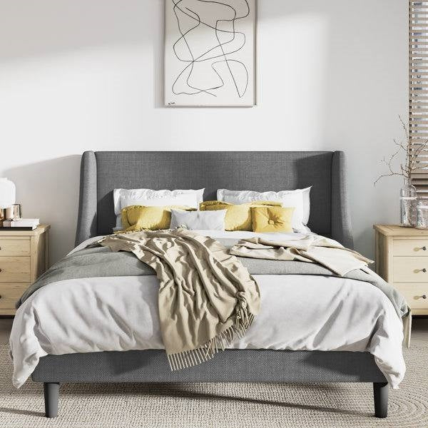 Queen Size Upholstered Linen Headboard Wingback Platform Bed in Grey