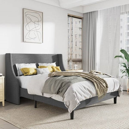 Queen Size Upholstered Linen Headboard Wingback Platform Bed in Grey