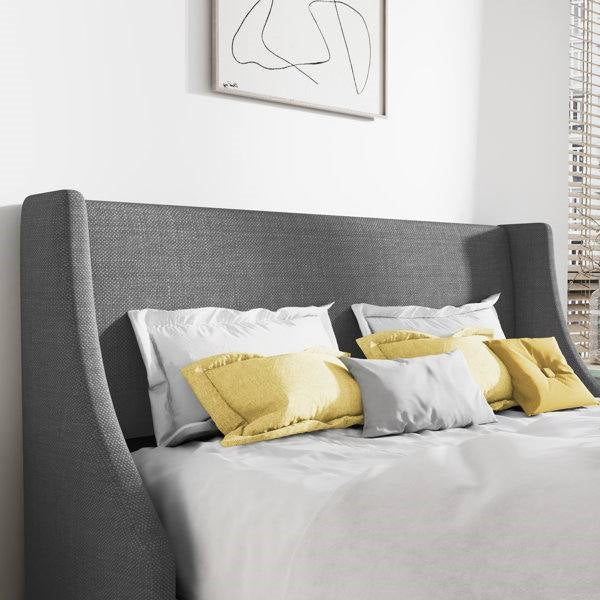Queen Size Upholstered Linen Headboard Wingback Platform Bed in Grey