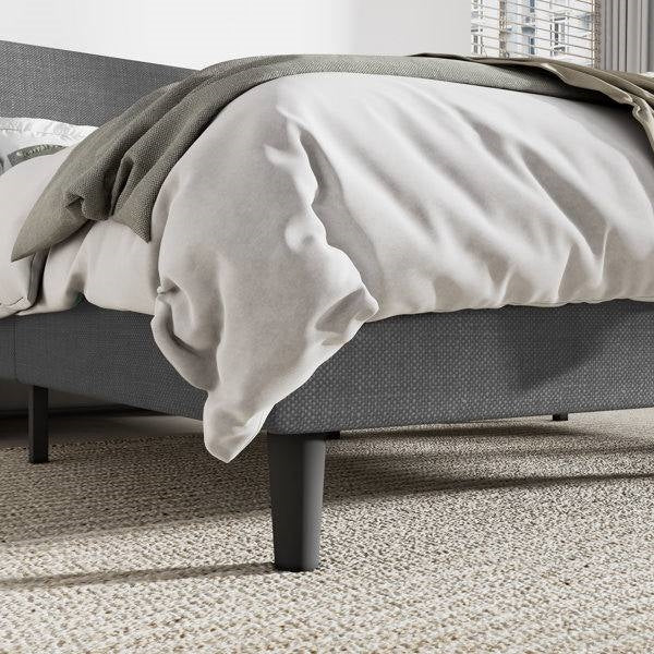 Queen Size Upholstered Linen Headboard Wingback Platform Bed in Grey