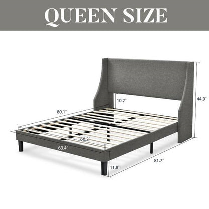 Queen Size Upholstered Linen Headboard Wingback Platform Bed in Grey