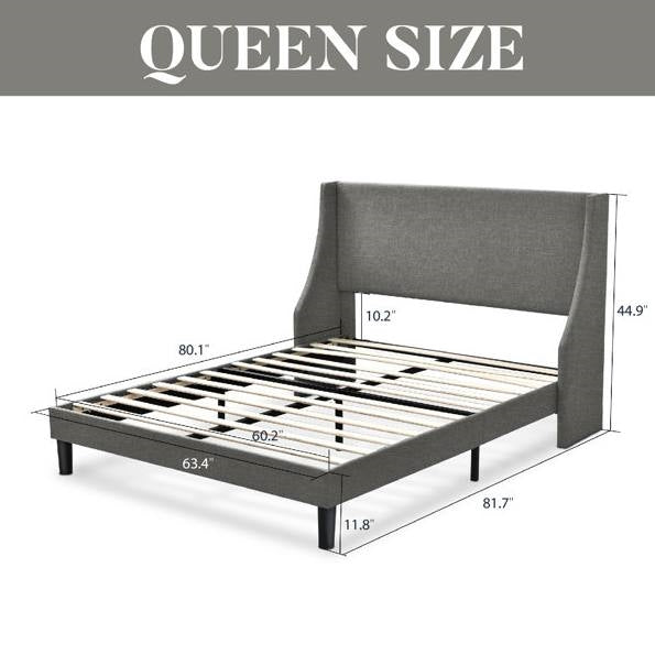 Queen Size Upholstered Linen Headboard Wingback Platform Bed in Grey