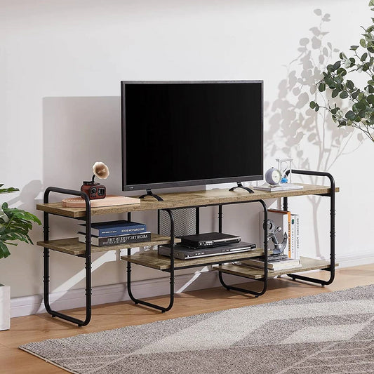 Modern Grey Wood Black Metal Entertainment Center TV Stand for TV up to 75-inch