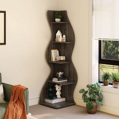 Modern Whimsical 5 Shelf Corner Bookcase Stand Grey Wood Finish