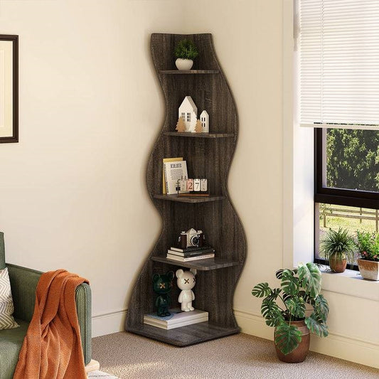 Modern Whimsical 5 Shelf Corner Bookcase Stand Grey Wood Finish