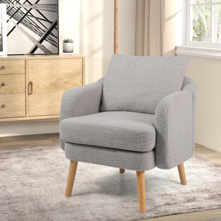 Modern Grey Sherpa Upholstered Plush Accent Chair Wooden Legs
