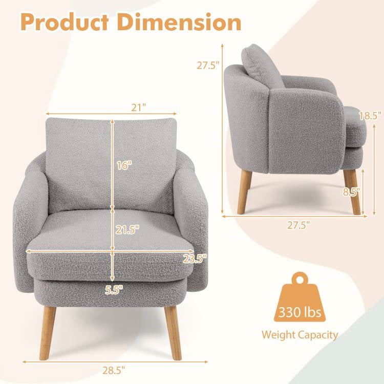Modern Grey Sherpa Upholstered Plush Accent Chair Wooden Legs