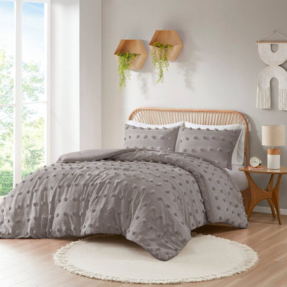 Full/Queen 3 Piece Jacquard Pompom Microfiber Hypoallergenic Comforter Set, Grey