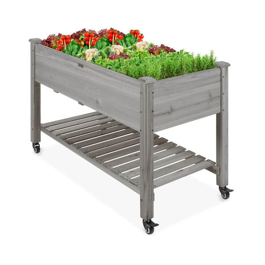 Grey Locking Wheels Raised Mobile Garden Elevated Wood Planter