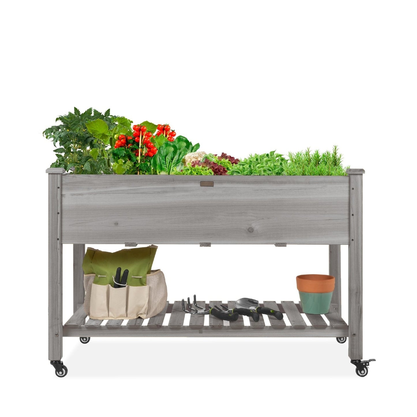 Grey Locking Wheels Raised Mobile Garden Elevated Wood Planter