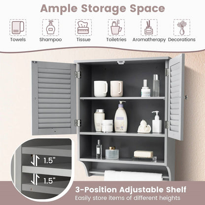 Grey Wall-Mounted Bathroom Medicine Cabinet with Louver Doors and Towel Bar
