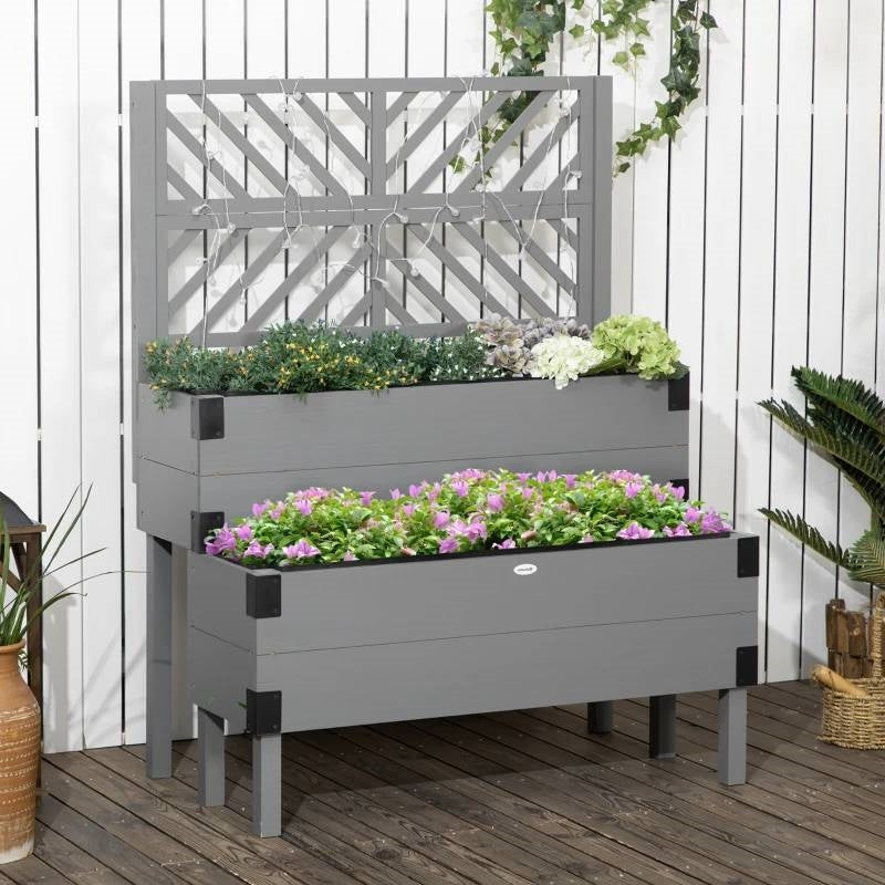 2 Tier Grey Lattice Trellis Self Draining Wooden Garden Raised Planter Box